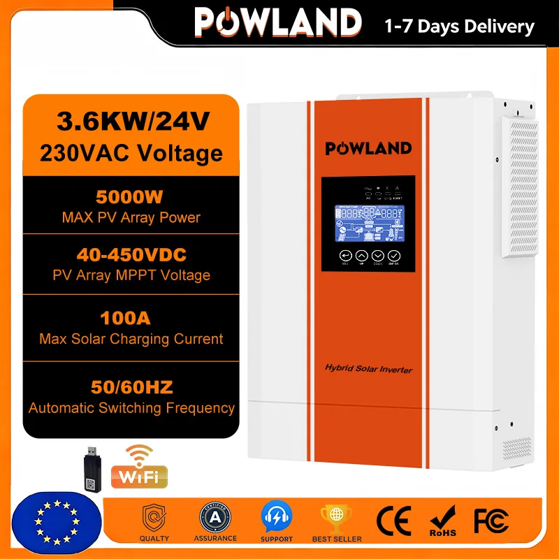 POWLAND 3.6KW Hybride Solar Inverter MPPT Pure Sinusoid 24V 230V Inverter Off Grid 100A MPPT Controller Met WiFi PV 500VDC