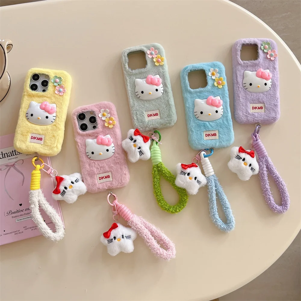 

Warm Plush Cute 3D Hellokitty Phone case for iPhone 17 15 14 13 16 Pro Max 17 Pro Cases With Plush Pendant Kawaii Shockproof Fun
