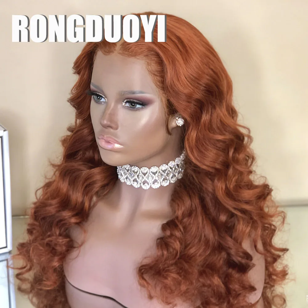 RONGDUOYI Copper Brown Wave Lace Wig Natural Hairline Brown Wavy Synthetic Hair Lace Front Wigs Women Makeup Use Cosplay Hair