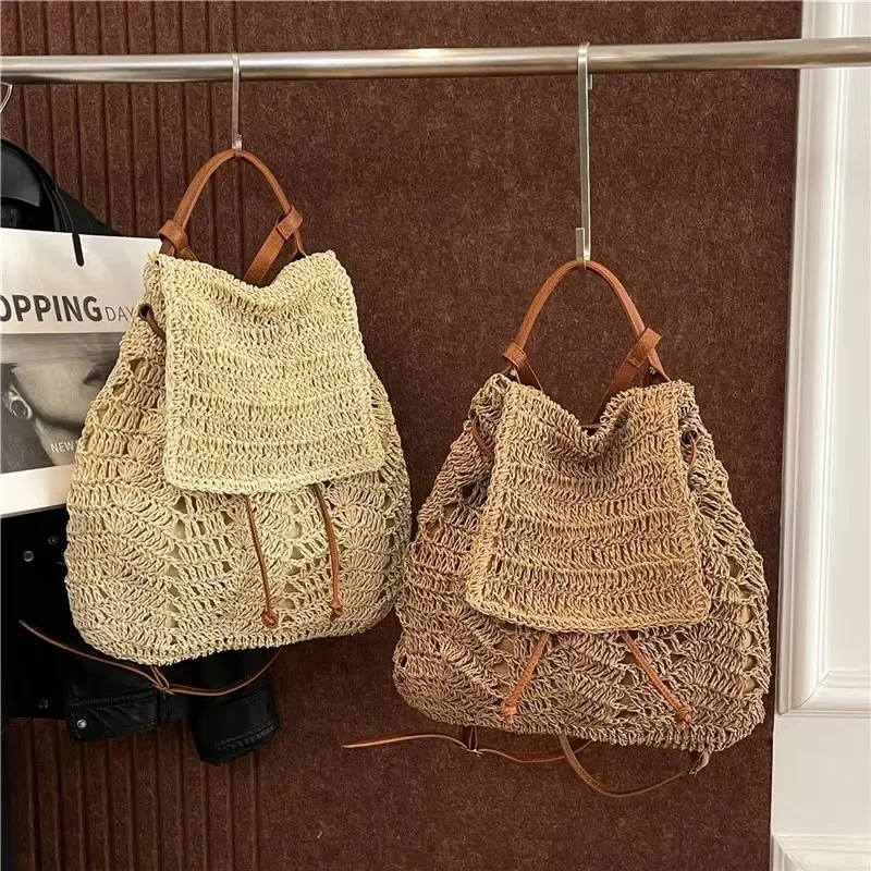 Concise Large Capacity Straw Weaving Hollow Out Drawstring Backpacks 2025 New High Quality Versatile Commute Student Backpacks
