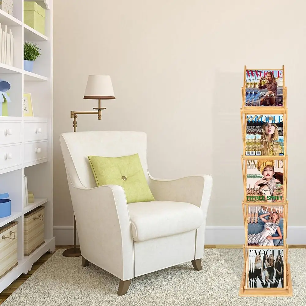 حامل مجلات A4 من الخيزران قابل للطي، حامل أرضي بـ 5 جيوب، بطول 57 للمعارض والتجزئة. #5