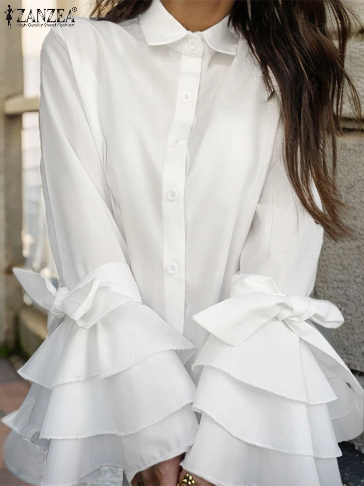 

ZANZEA Women Lapel Collar Buttons Tops Office Lady Solid Blouse Vintage Flare Big Sleeve Shirt 2025 Spring Bowknot Commuting Top