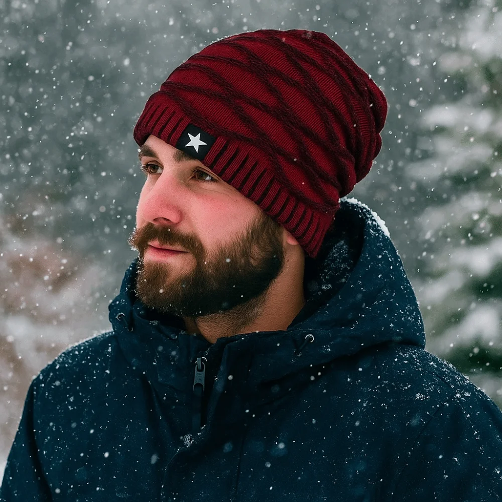 

Soft Thickened Fleece Pile Cap Rhombus Jacquard Windproof Cycling Pullover Cap Star Warm Hood Cap Men