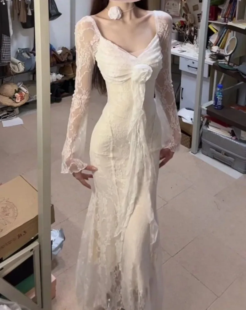 2025 New Summer Rose Ribbon V-neck Dresses Women Fashion Sexy  Lace Slim Fit Bodycon White Dress Women Clothing