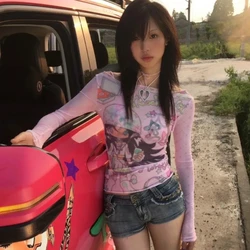 Deeptown japon Harajuku Y2k örgü tişörtleri kadınlar Kawaii pembe Anime üst Cutecore Streetwear Vintage estetik Tees See Through