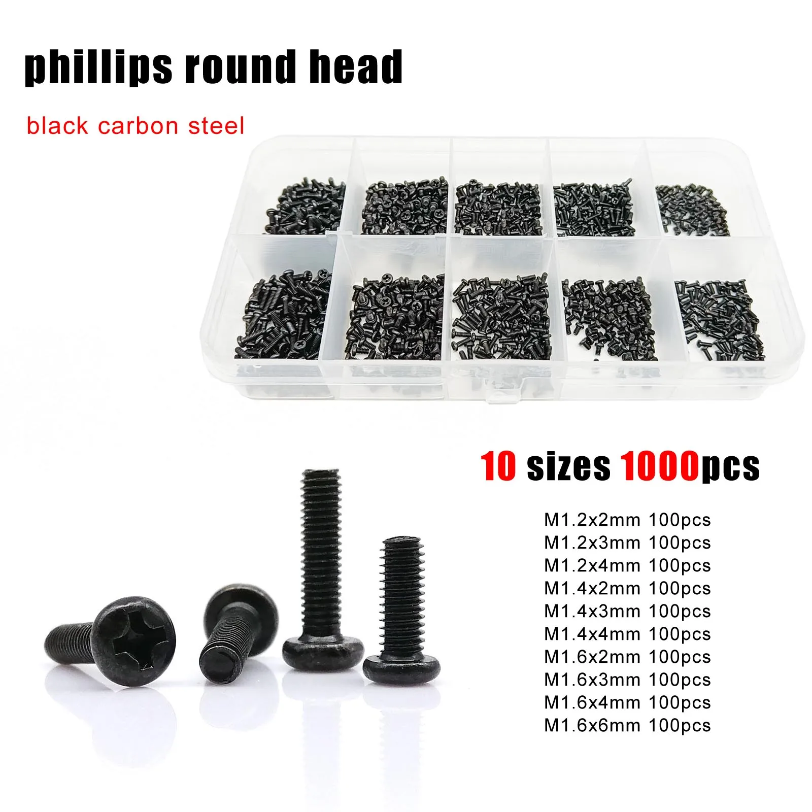 1000pc Micro Phillips Head Screw Bolt Set Kit for Toy Car Electronic Products Glasses Phone M1.2 M1.4 M1.6 Stainless Steel Black