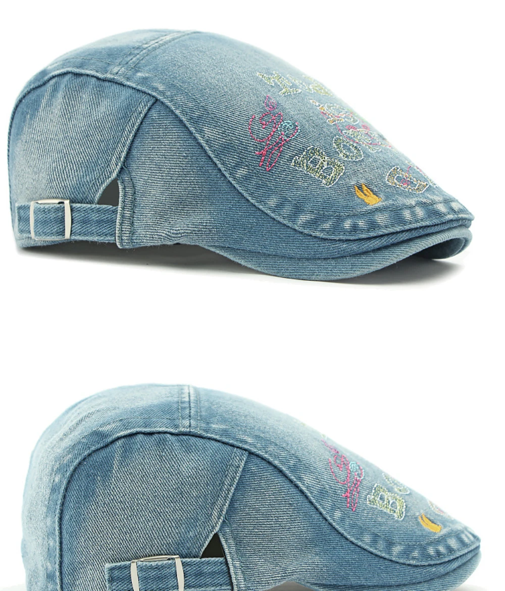 HT4739 Hochwertige Bestickte Buchstaben-Denim-Baskenmütze für Herren und Damen, Retro Künstler-Malermütze, Herren- und Damen-Ivy-Flatcap, Baskenmützen – Detail 8