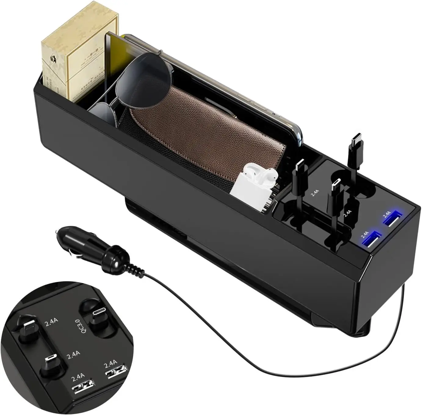

Органайзер для автомобиля с зарядным кабелем и двумя USB-портами для iPhone/Android, многофункциональный ящик для хранения в зазоре между сиденьями