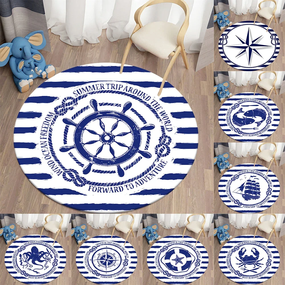 Nautical Navy Blue Round Carpet Living Room Bedroom Children's Rugs Soft Kitchen Area Rug Non-slip Carpets Floor Mat Home Decor