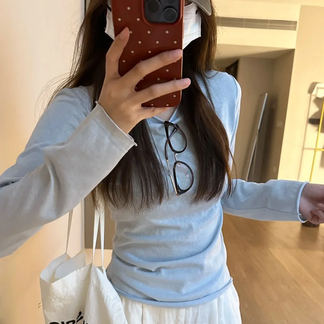 New Long Sleeve V Neck Slim Fit T Shirt Solid Color Ruched Front Irregular Hem Soft Basic Tee for Brazil Daily Casual Streetwear