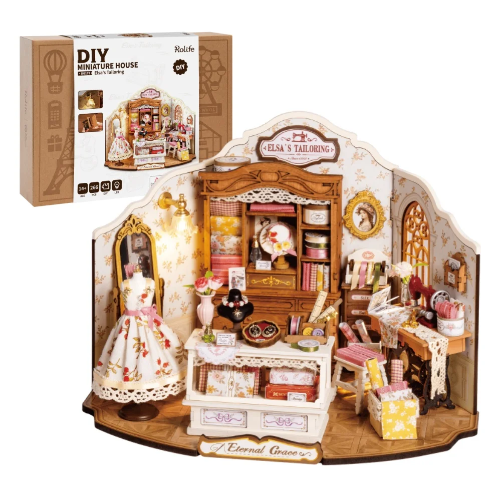 ชุดบ้านจิ๊กซอว์ไม้ Robotime Rolife รุ่นเอลซ่า ชุดตัดเย็บเสื้อผ้า พร้อมไฟ LED ของขวัญงานฝีมือทำเองสำหรับผู้ใหญ่