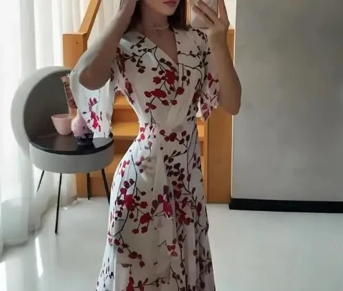 

Women's Short Sleeve V-Neck Printed Casual Dress Temperament Commuting 2025 Autumn New Female Fashion High Waist Elegant Dresses