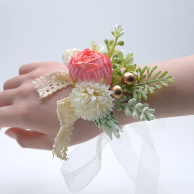 New Artifical Rose Flowers Lace Wedding Accessories Wrist Corsage Bridesmaid novia