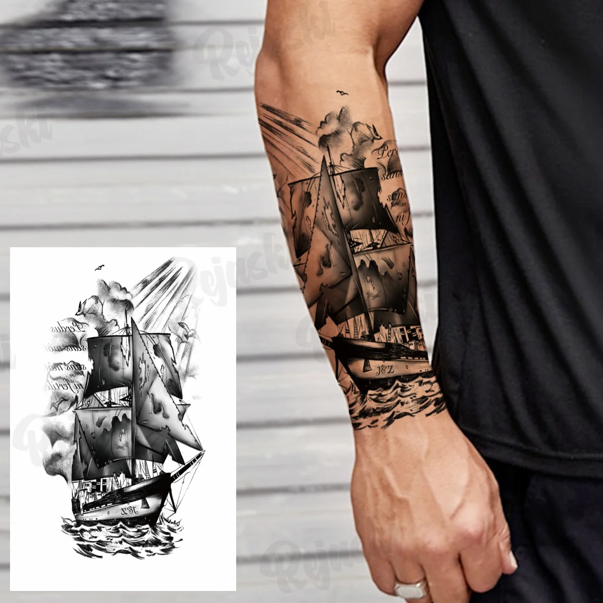 Schwarz Pirate Schiff Temporäre Tattoos Für Männer Erwachsene Realistische Scary Vampire Knight Wolf Gefälschte Tattoo Aufkleber Arm Körper Tatoos