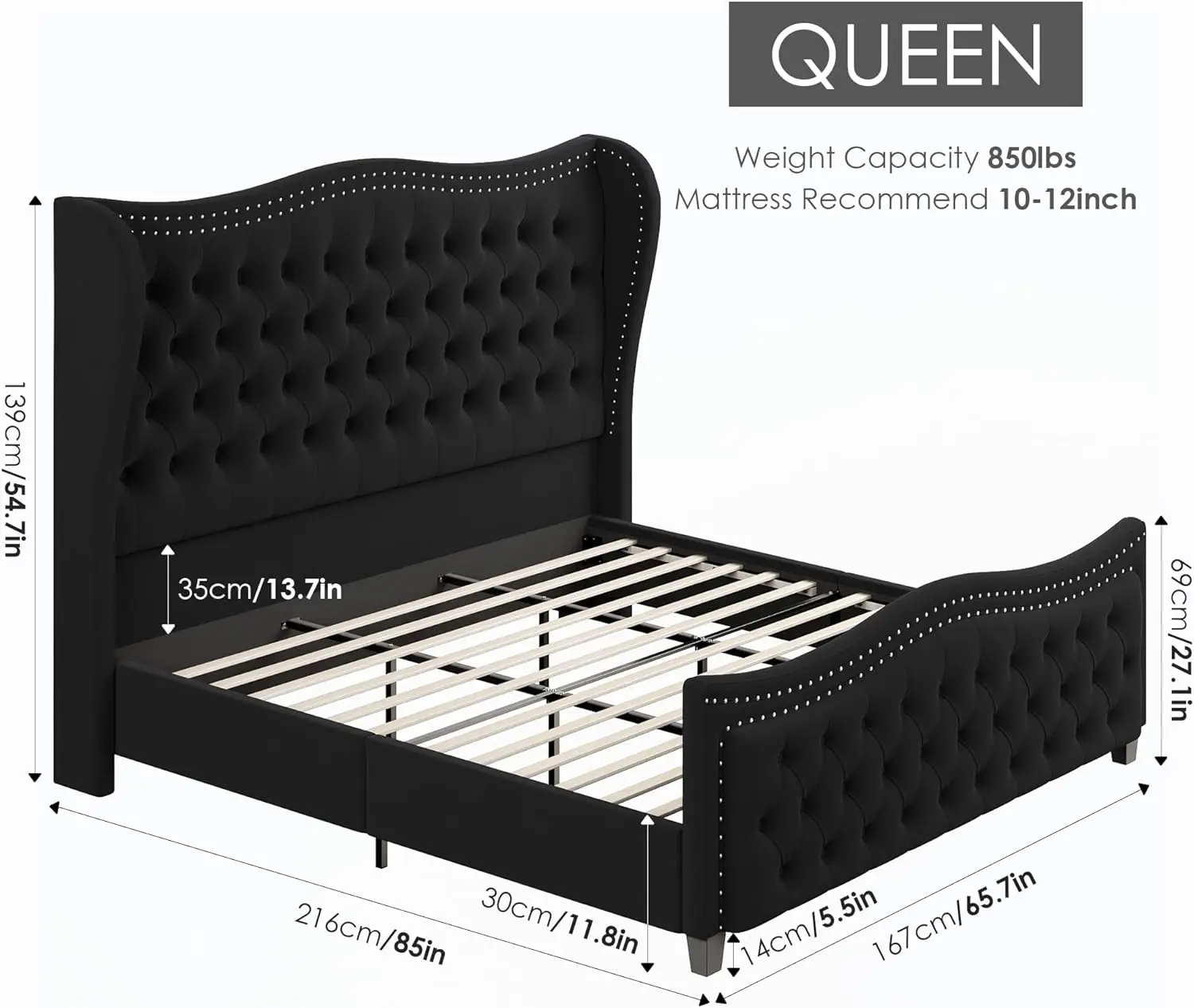 Queen Bed Frame, 55" Headboard Upholstered Bed with Tall Footbaord, Velvet Handmade Pleats Deep Button Tufted Wingback image 2