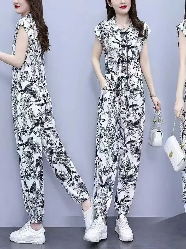 

plus Size Women's Summer Slimming Short Sleeve Set Traditional Ink Painting Design Comfortable Loose Fit High Waist Pants