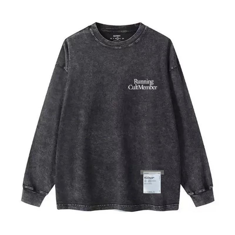 SATISFY Autumn Oversized Running Long Sleeve Mens Retro T-Shirts Cotton Loose Streetwear Fitness Gym Clothing Workout Tee