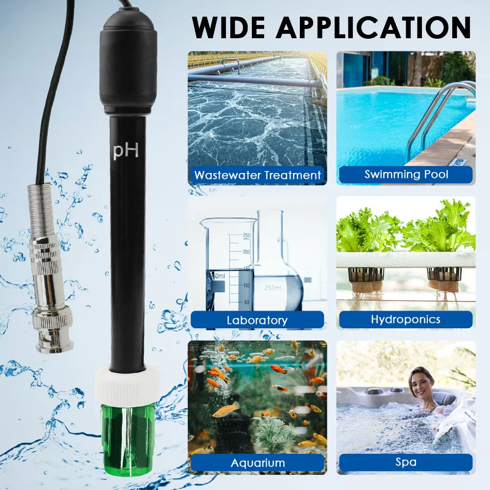 New pH Electrode Probe BNC Connector, 300cm Cable PH Meter Monitoring Controller Test Sensor Plant Pool Spa