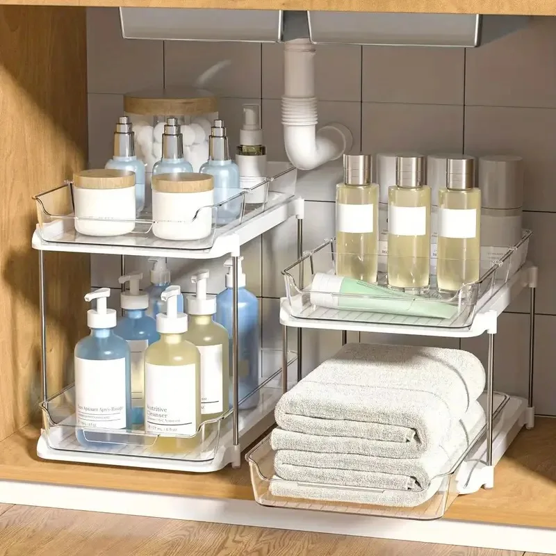 Pull-Out Organizer 2-Tier Clear Under Sink Organizer Storage Rack with Adjustable Dividers for Kitchen and Bathroom Organizers