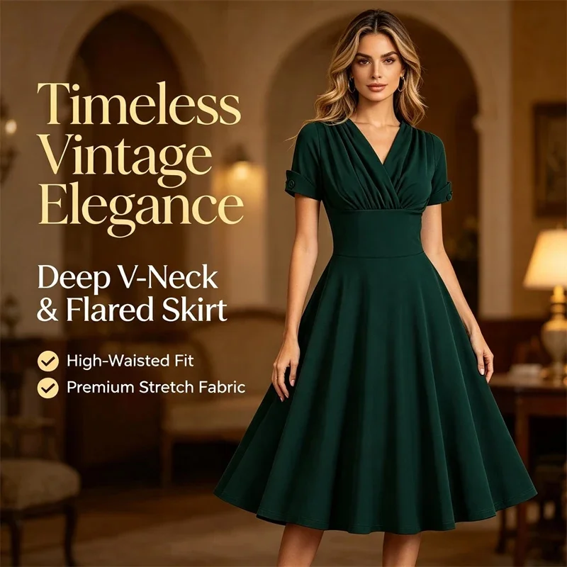 Vestido verde de estilo vintage para mujer, de corte francés, con escote en V, mangas cortas y pliegues, cintura alta, corte en A, vestido midi elegante para fiestas y cócteles, túnica.
