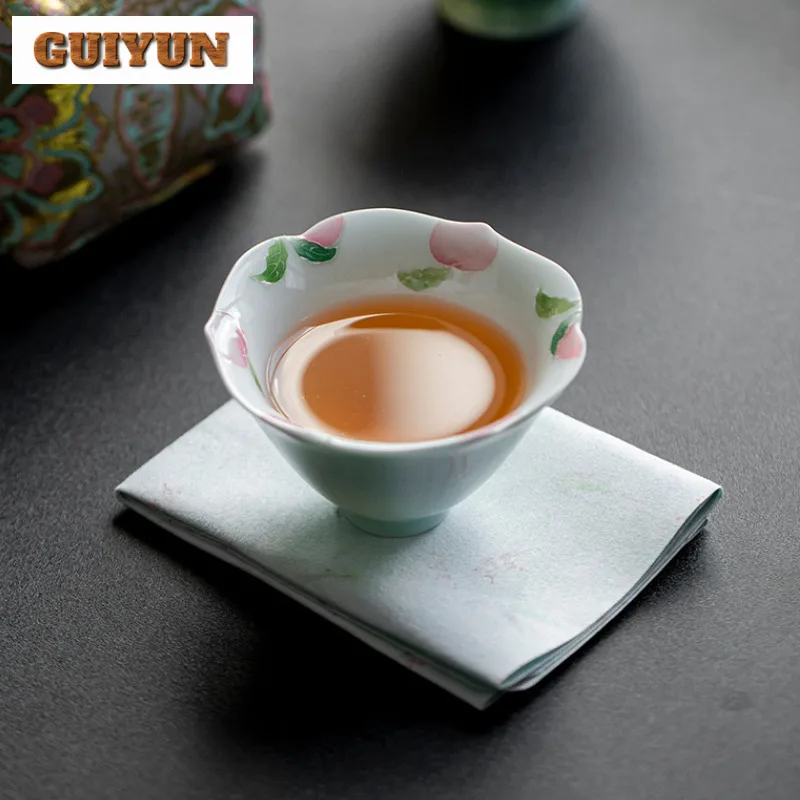 2 قطعة/الوحدة رسمت باليد الخوخ فنجان الشاي زن وعاء الشاي أكواب واحدة الشاي تذوق التأمل كوب تشازان ماستر أكواب درينكوير الحرفية 80 مللي