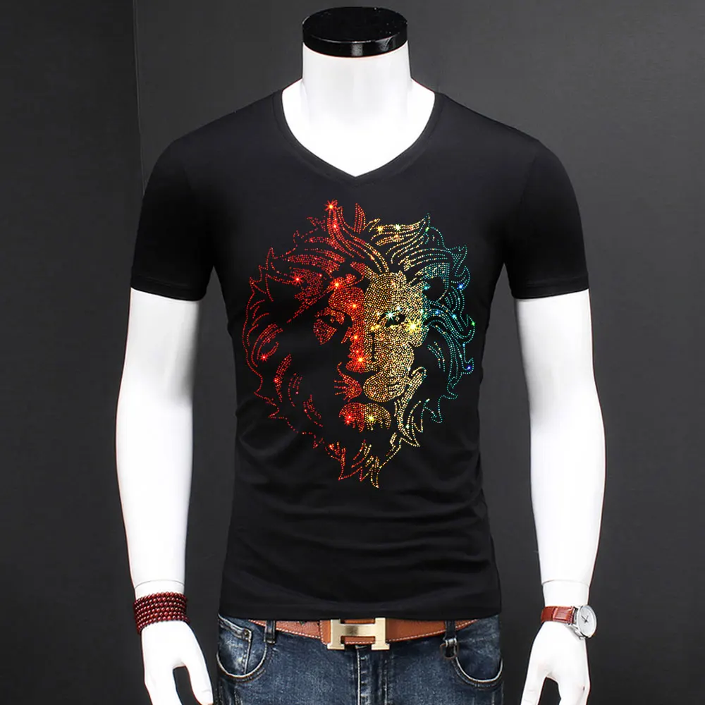 2024 Men\'s Summer Cotton Short Sleeve Colorful Lion Design Print T-shirt Man New Lions King Diamond Tees Tops Animal Pullover