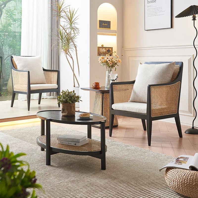 Nordic rattan leisure chair household simple balcony rattan chair three-piece set homestay single sofa chair coffee table combin