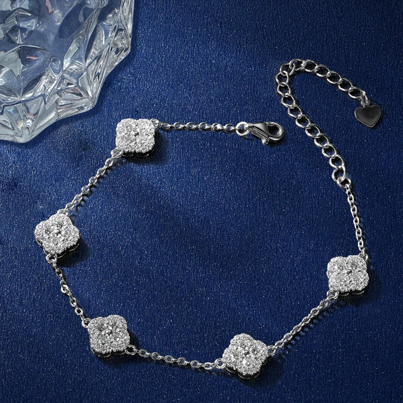 Rrjzz Zertifizierter Runder Schliff D-Farbe Moissanit VVS1 Labor-Imitationsdiamant Kleeblatt-Armband Glücksbringer Vierblättriges Armband für Frauen – Detail 5