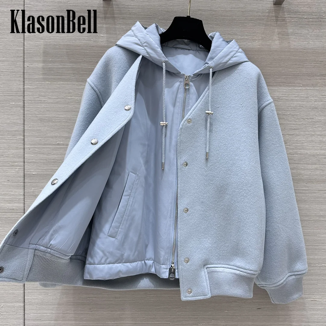 9.25 KlasonBell Women\'s Autumn Winter New Wool Button V-Neck Cardigan Jacket + Cotton Hooded Lace-up Zipper Vest Two Piece Set