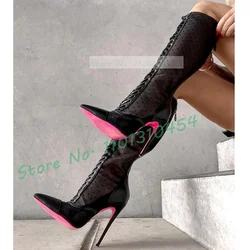 Pink Sole Pointy Knee High Boots Women Sexy Dots Black Tulle High Heels Shoes Female Fashion Back-zipper Sexy Autumn New Boots