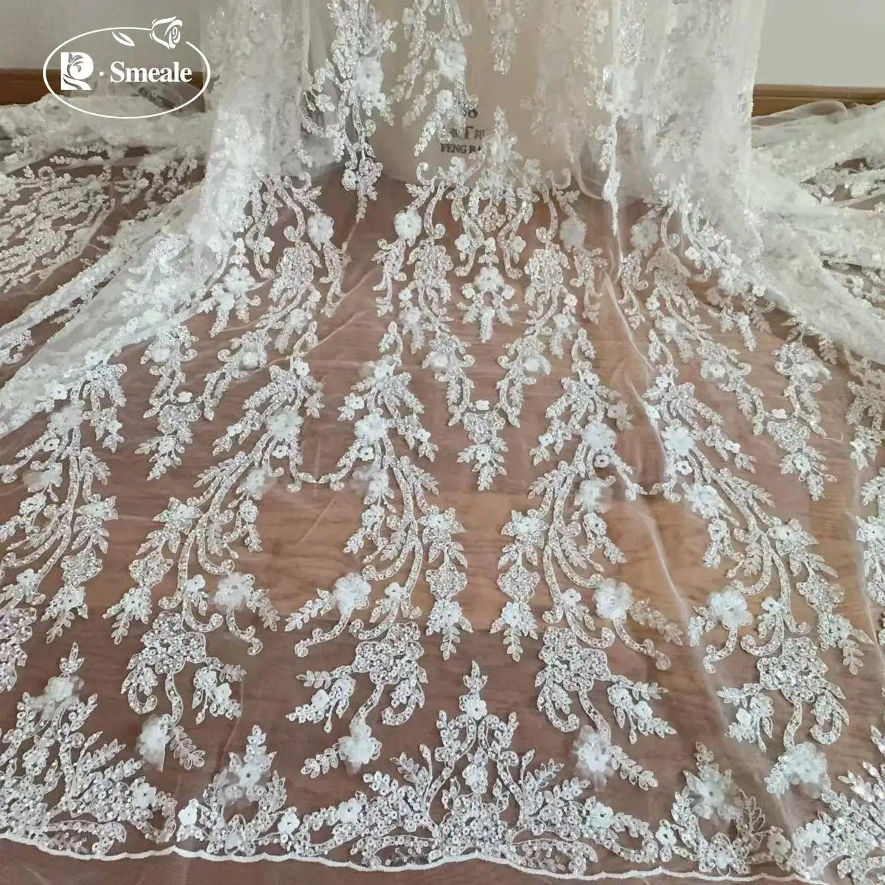 3D-Chiffon-Applikationen-Spitzenstoff mit Glitzernden Pailletten, DIY-Brautkleid, Stoff zum Nähen – Detail 3