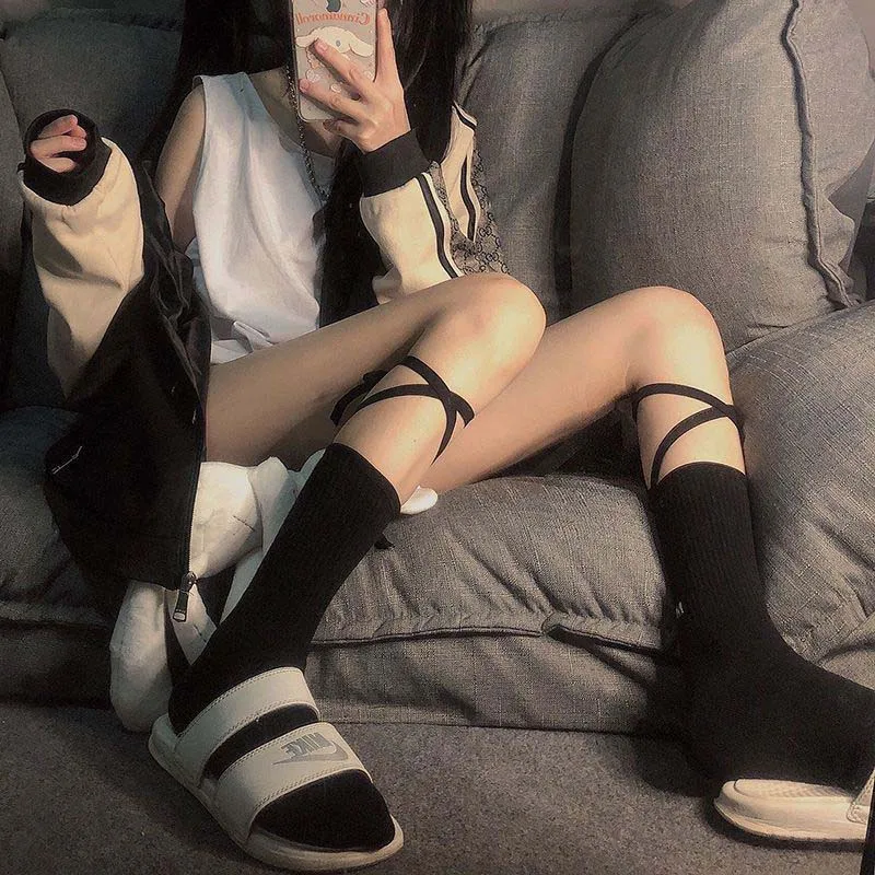 Fashion Women Sexy Lace-Up Cross Calf Socks Cute Preppy Sweet Girl Lolita Student Black Gothic Mid-Tube Socks