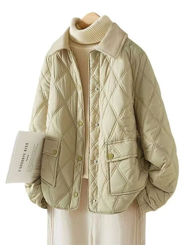 Loose Fit Thiened Cotton Jaet Women's Winter Faionable Warm Quilted Coat Turn-down Collar Diamond Patterned Outerwear