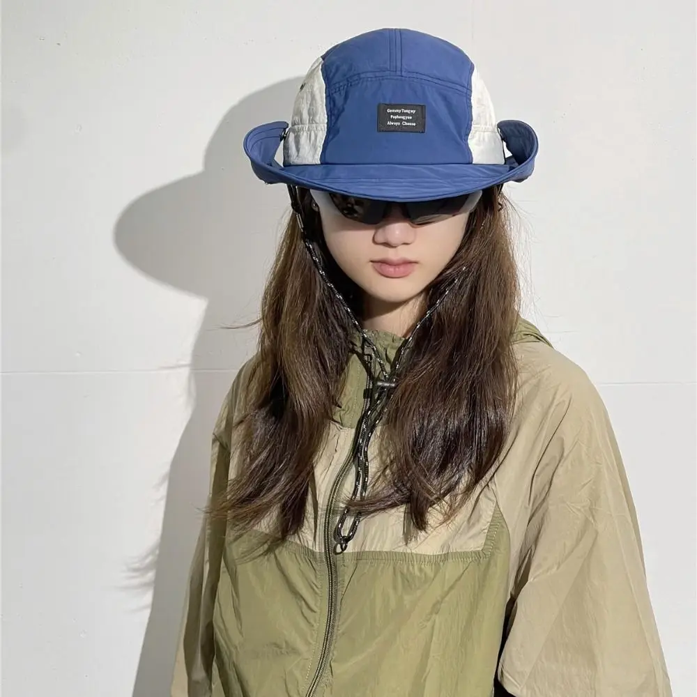 

Simple Splicing Color Drawstring Fisherman Hat Quick-drying Anti-UV Wide Brim Sun Hat Cotton Sun Protection Hiking Hat Travel