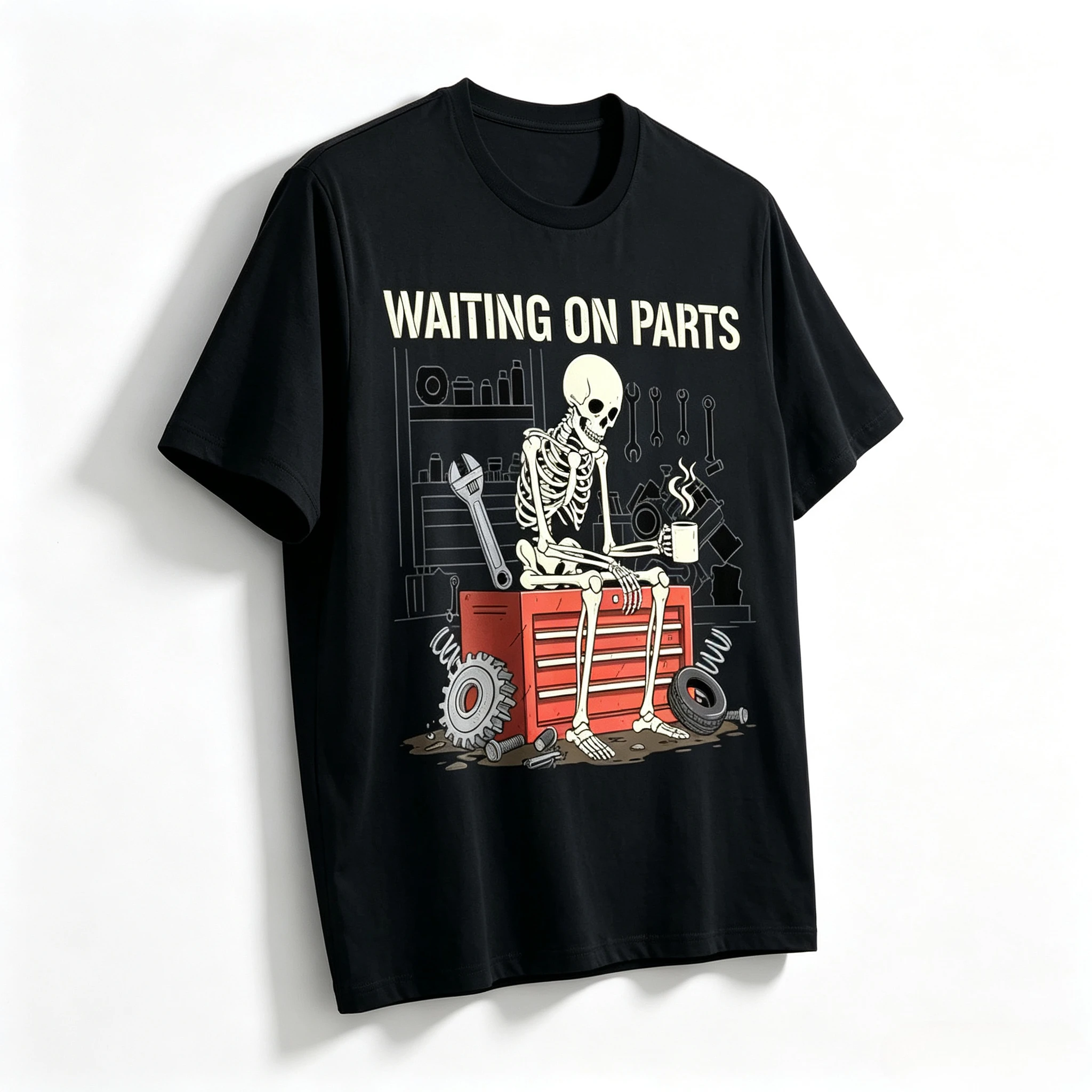 Modal T Shirt Waiting On Parts Skeleton Mechanic Graphic Tees Funny Auto Repair Workshop Tools O Neck Short Sleeve Casual Tops