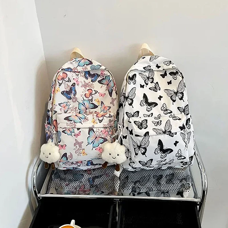 Unisex Butterfly Printing Pattern Backpack Student Backpack Girls Nylon Bag Without Pendant Short Distance Portable Travel Bag