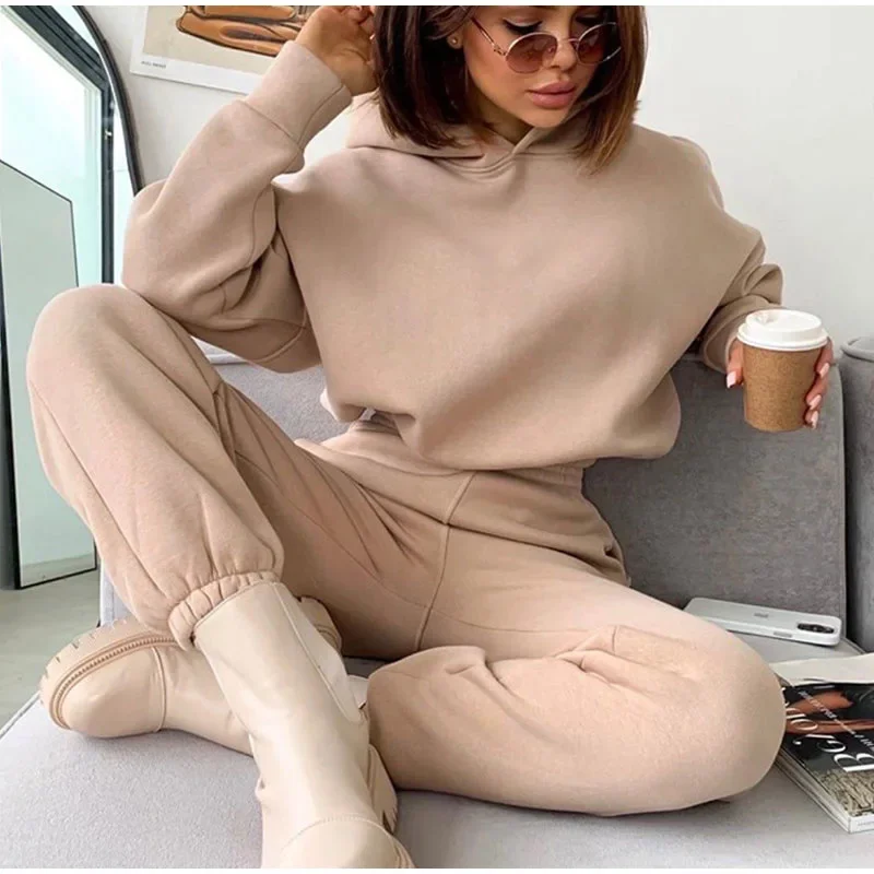 Women Tracksuit Sports Two Piece Sets Hooded Sweatshirts Streetwear Pants Solid Suit Sweatpants Jogging Trousers Autumn Outfits