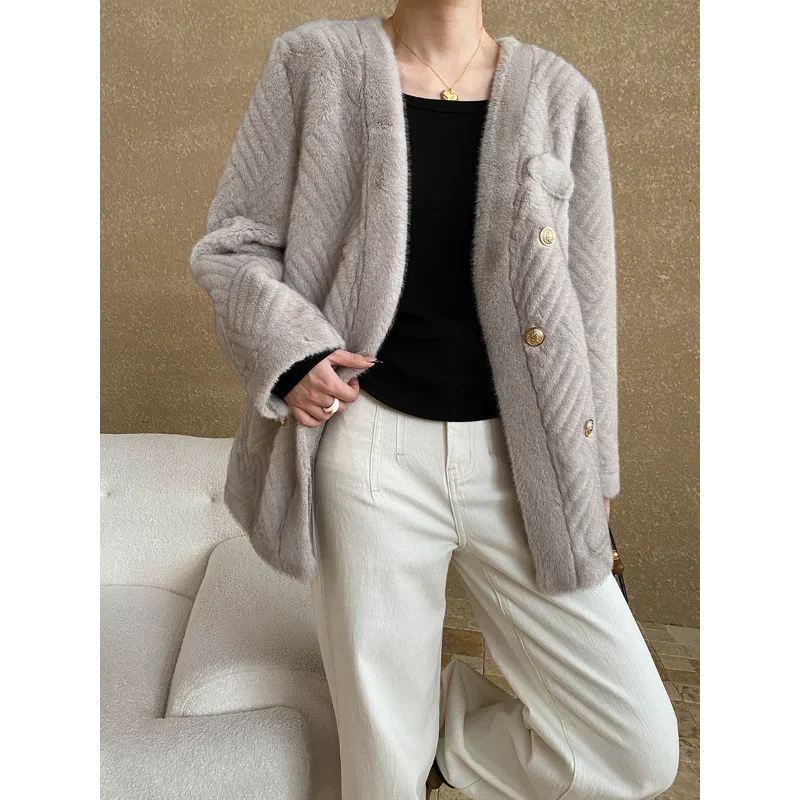 Manteau en velours de vison en fausse fourrure pour femme, col en V, chic français, élégant, décontracté, luxe basique, gris simple, fourrure mixte, chaud