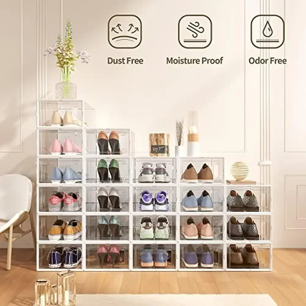 12 Pack Stackable Shoe Organizer Storage Boxes Clear Plastic Sneaker Containers Closet Modular Space Saving Shoe Boxes Men Women