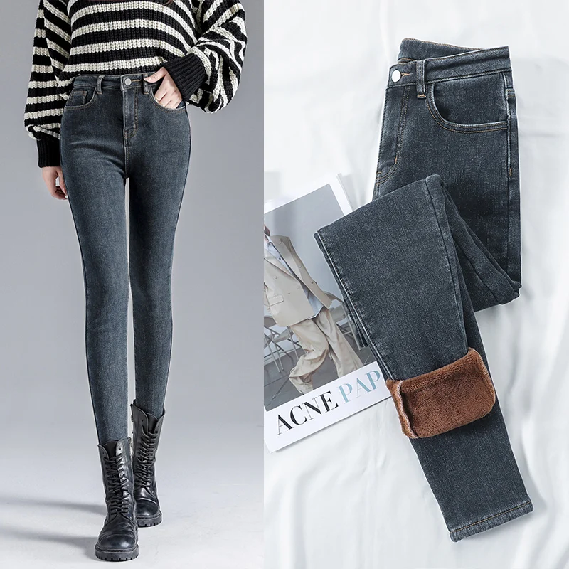 Winter Woman Warm Velvet Jeans Casual Ladies Elastic Trousers Female Fleece Pantalon Pencil Denim Pants Soft Leggings Y2K Jeans