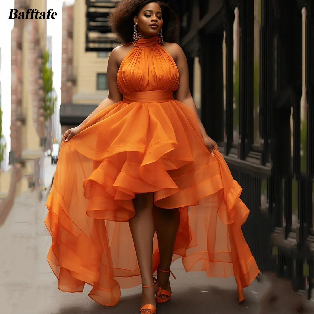 Bafftafe Orange Organza Short Front Long Back Prom Dresses Halter Formal Evening Dress Special Party Women Gowns Customized