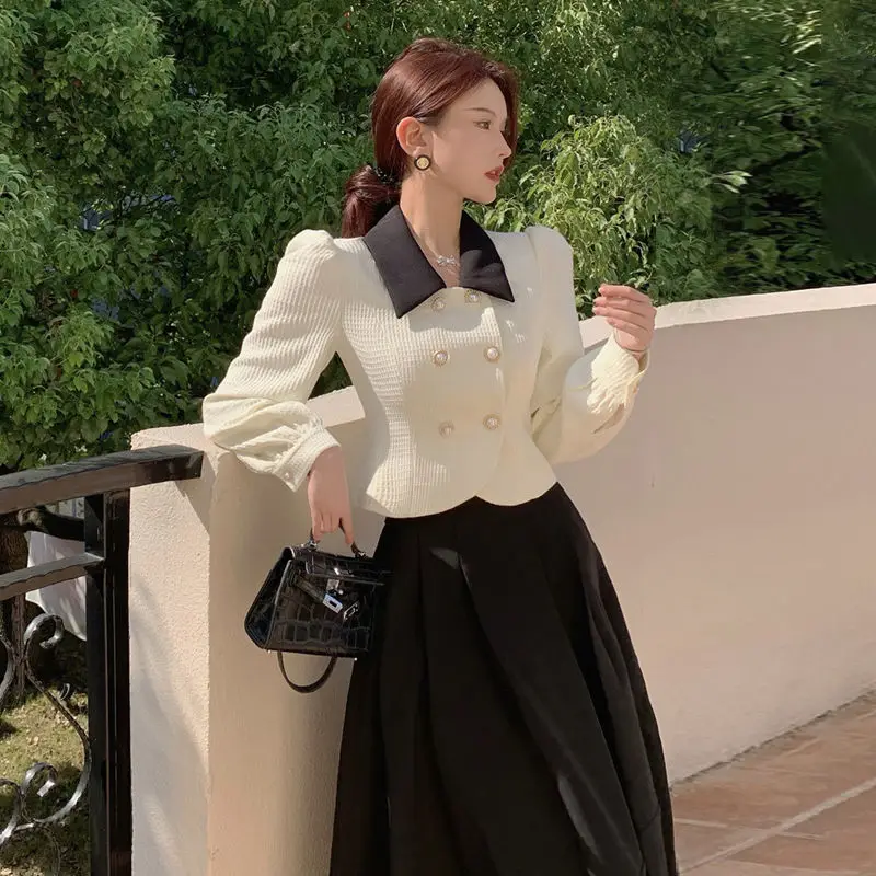 Big Swing Black Pleated Skirts Suits + Lapel Double Breasted Blazer Jacket OL Shirts Two Piece Sets Clothes Chic