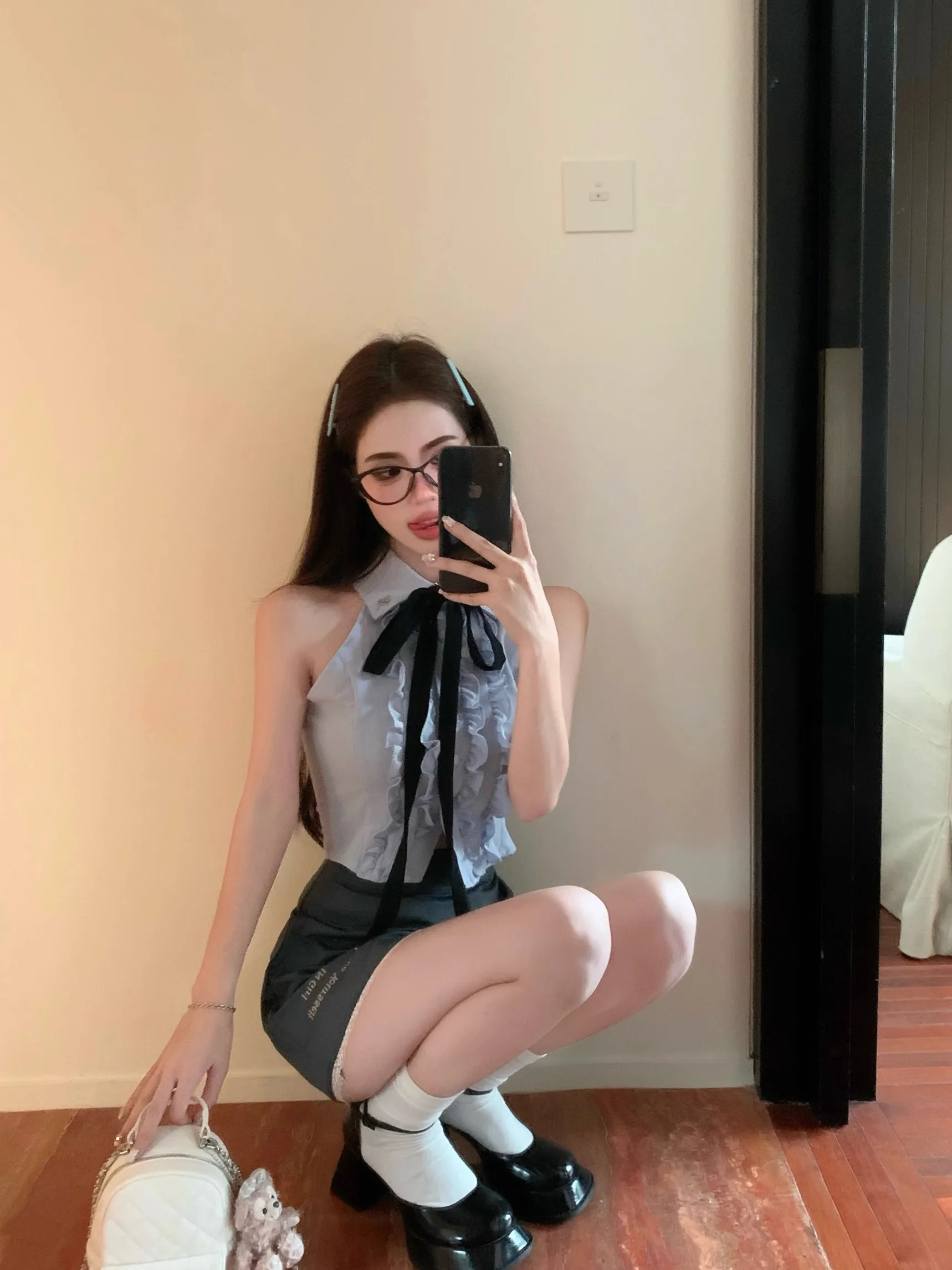 

Slim Fit Floral Trim Svel irt for Women Knot Netie Summer Top Korean Sle Commute Wind Polyester Fiber