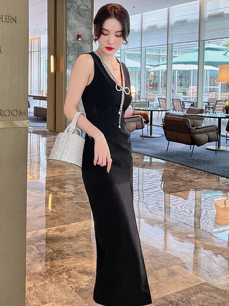 Elegancka Sukienka Wieczorowa Damska Sexy Słodka Kamizelka Diamenty Łańcuszek Obcisła Wysokie Rozcięcie Suknia Dama Impreza Klub Bal Studniówkowy Vestidos