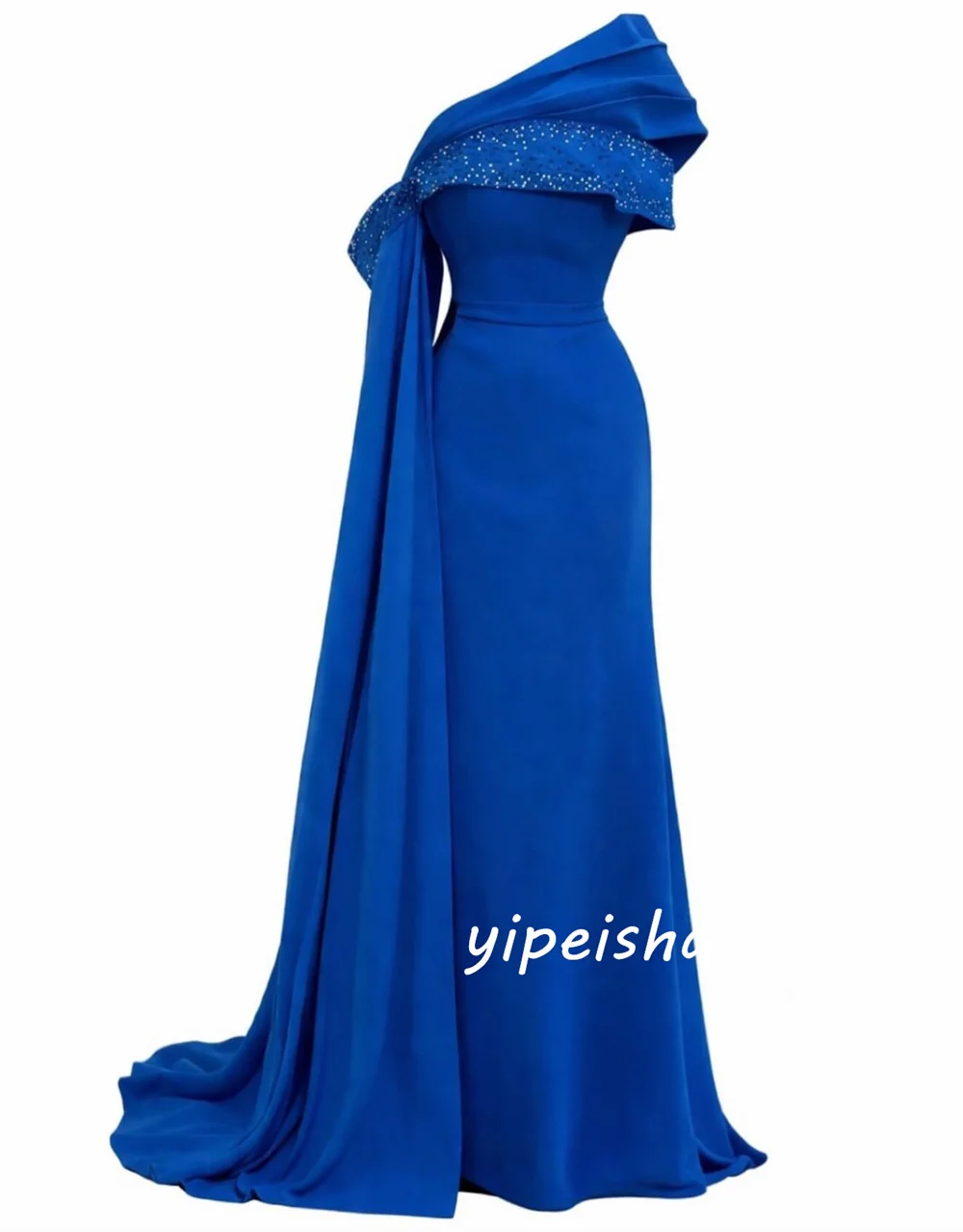 Customized Blue Modest Fashion Jersey Pleat Beading Sequined Mermaid Off-the-shoulder Floor-Length Evening Dresses for Woman