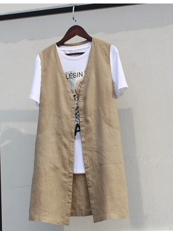 

Versatile Mid-Length Svel V-Ne Cotton Linen Jaet Women's Vest Brand Casual Commute Outerwear Summer Season