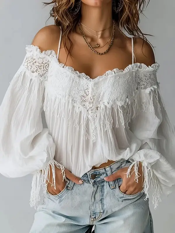 Y2k Fashion Woman's Lace Top Summer Sexy Foreign Style Strap V-neck Loose Shirt Ladies Elegant Versatile Office White Blouses - Image 7
