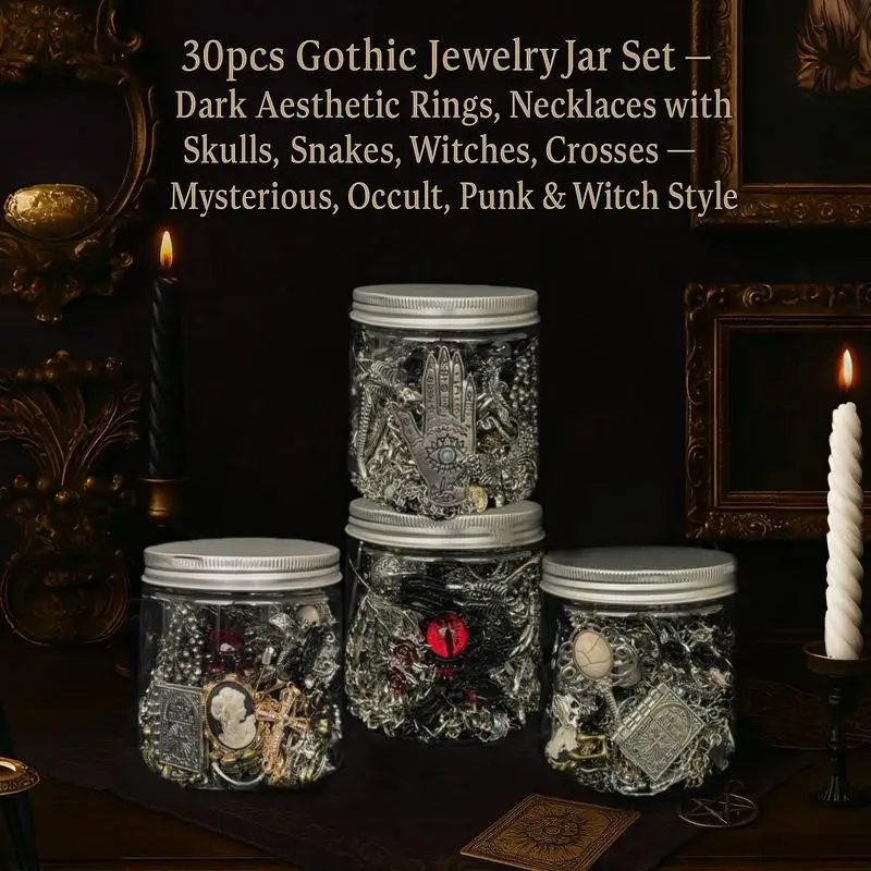 

Jollyhit Light Gothic Witch Mystery Jewelry Jar Set - 30pcs Dark Aesthetic Rings Necklaces Earrings for Christmas Costume