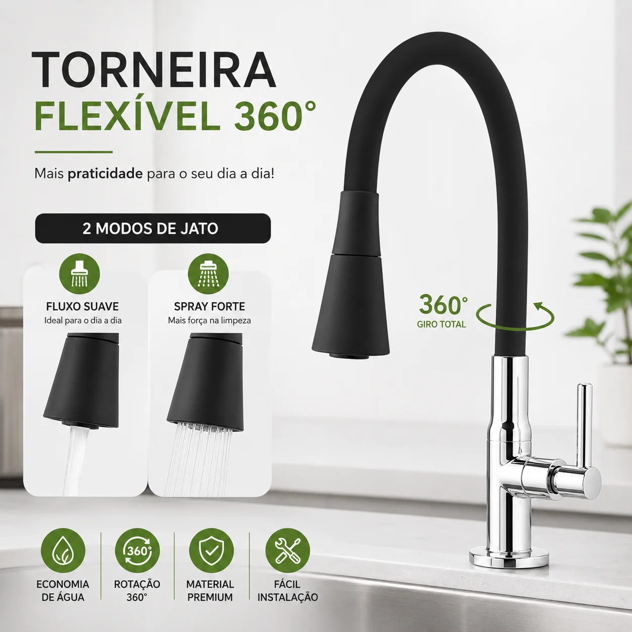 Torneira Gourmet Cozinha Bancada Mesa Pia Cano Inox Flexível 1/4 de volta Saída de água dois modos Rotação 360°