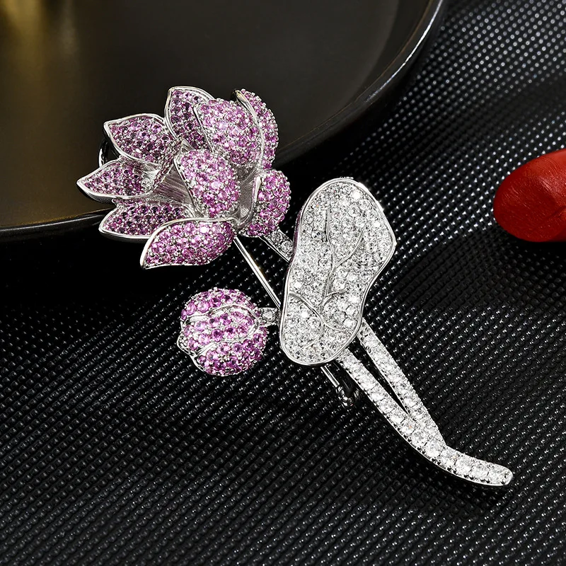 

New Lotus Flower Brooch Full Zircon Heavy Intricate Elegant Coat Lapel Pin